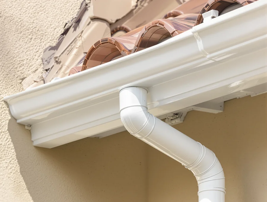 White gutter and downspout under a tile roof edge